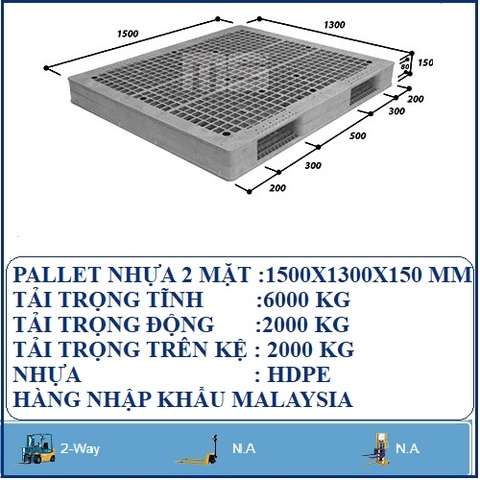 PALLET NHỰA 2 MẶT 1500X1300X150 MM