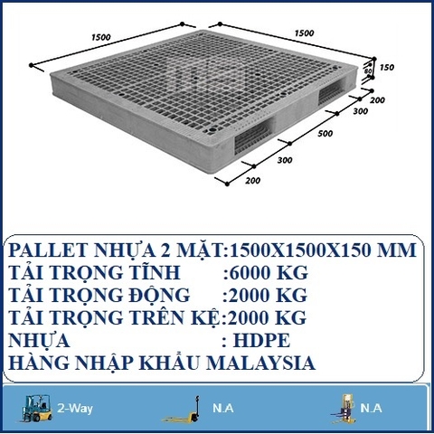 PALLET NHỰA 2 MẶT 1500X1500X150 MM