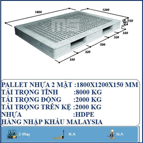 PALLET NHỰA 2 MẶT 1800X1200X150 MM