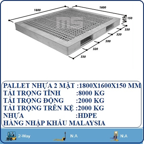 PALLET NHỰA 2 MẶT 1800X1600X150 MM