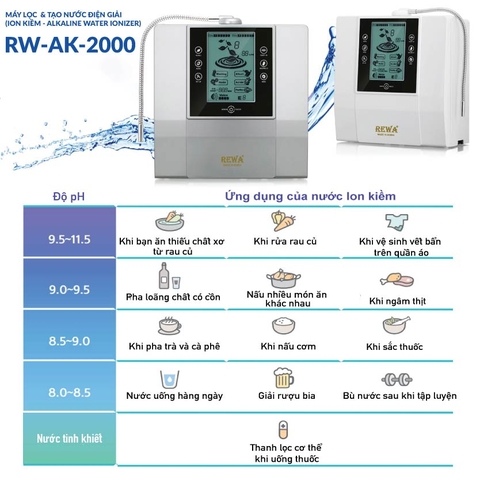 Máy Lọc Nước Ion Kiềm 9 Tấm Cực RW-AK-2000 - Hàng Chính Hãng - Bảo Hành 36 Tháng