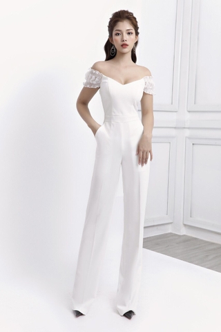 Jumpsuit kiểu hở vai tay voan kiếng quần ống suông (Trắng)
