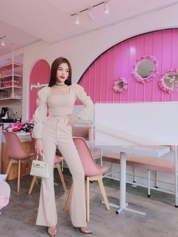 Set áo quần kiểu áo tay dài phồng và quần ống loe (Nude)