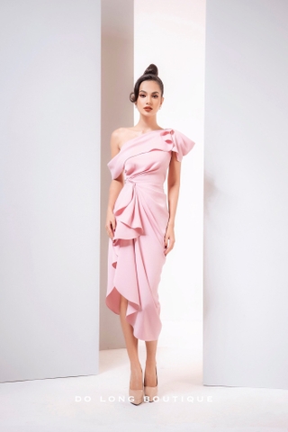 Đầm ôm body lệch vai bèo tay xếp ly eo (Hồng)
