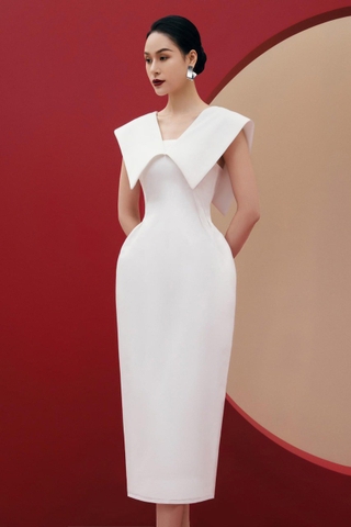 Đầm ôm body dáng dài sát nách phối bèo cổ