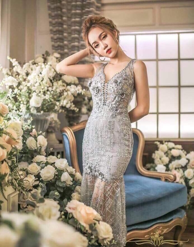 Đầm ôm body kiểu đuôi cá phối lưới cực đẹp (Xám)