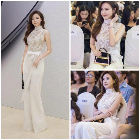 Jumsuit dài kiểu cổ lọ sát nách pha ren cột dây eo
