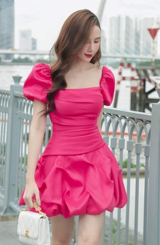 Đầm xòe bồng trên gối cúp ngực phối tay con (Vàng)