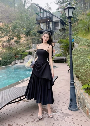 Đầm xòe cúp ngực hai dây xếp ly dự tiệc sang trọng Alvin Store 1584 (Đen)