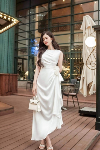 Đầm dạ hội trắng dáng xoè thiết kế tay dài sang trọng  D547