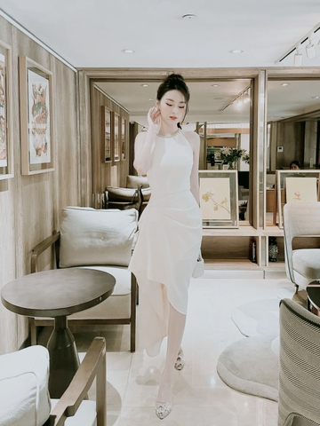 Đầm dự tiệc dáng ôm khoét sát nách cổ đính đá sang trọng Alvin Store 1608 (Trắng)