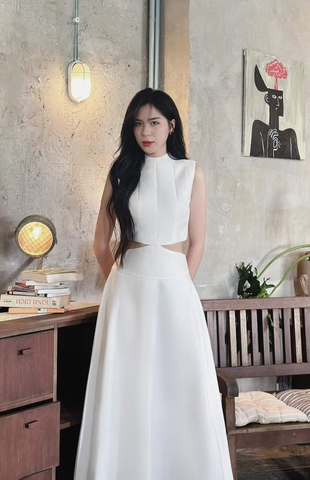 Đầm dự tiệc dáng xòe kín cổ sát nách khoét eo Alvin Store 1610 (Trắng)
