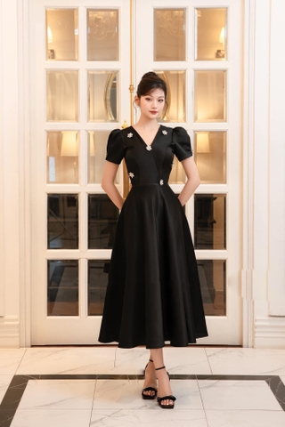 Đầm dự tiệc dáng xoè kiểu tay con cổ V đính hoa đá Alvin Store 1614