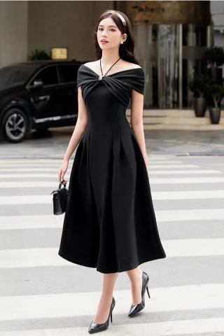 Đầm dự tiệc dáng xoè hở vai cột dây cổ sang trọng Alvin Store 1617 (Đen)