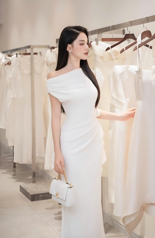 Đầm dự tiệc dáng dài lệch vai phối hoa sang trọng Alvin Store 1619 (Trắng)