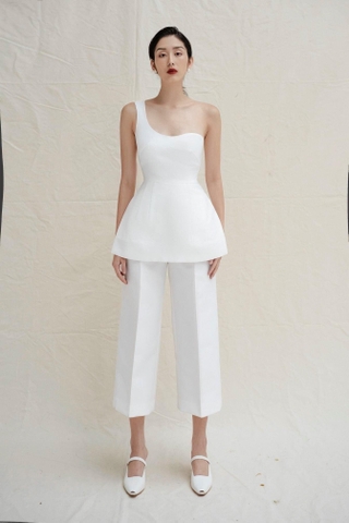 Set áo quần kiểu áo lệch vai xòe phối quần lửng ống suông