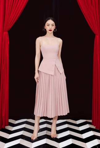 Đầm xòe kiểu hai dây chân váy xếp ly (Đỏ)