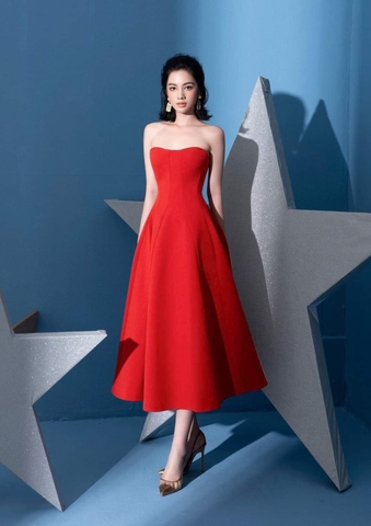 Đầm dáng xòe dài qua gối cúp ngực sang trọng (Đỏ tươi)