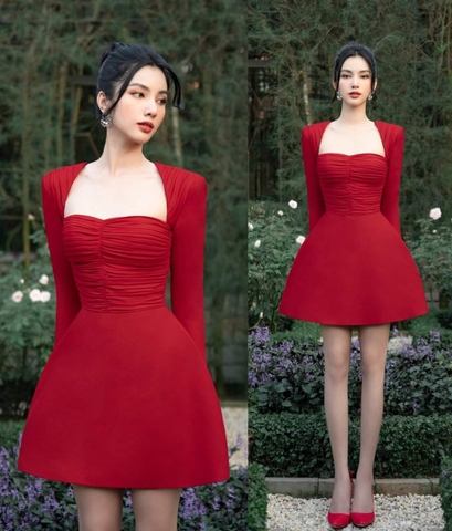 Đầm xòe dáng ngắn tay dài cúp ngực rút nhún Alvin Store 2931 ( Đỏ )