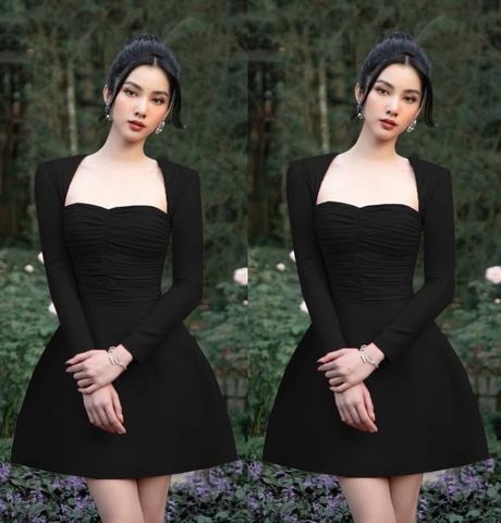 Đầm xòe dáng ngắn tay dài cúp ngực rút nhún Alvin Store 2931 ( Đen )