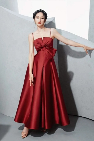 Đầm xòe dài hai dây cúp ngực phối nơ Alvin Store 2935 (Đỏ)