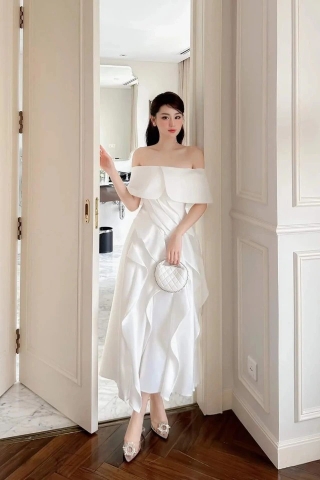 Đầm dự tiệc dáng xòe hở vai ngang phối bèo sang trọng Alvin Store 2942 (Trắng)