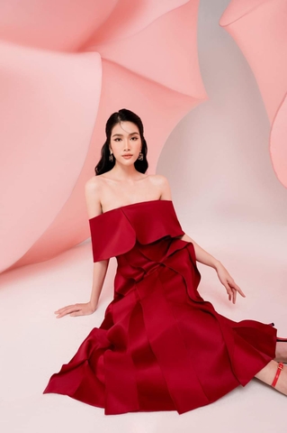 Đầm dự tiệc dáng xòe hở vai ngang phối bèo sang trọng Alvin Store 2942 (Trắng)