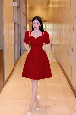 Đầm dáng xoè ngắn phối tay con đính đá sang trọng Alvin Store 2953 (Đỏ)