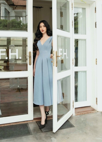 Đầm dáng xoè sát nách cổ V phối túi cao cấp