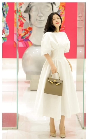 Đầm dáng xòe tay cánh tiên cổ thuyền dự tiệc (Trắng)
