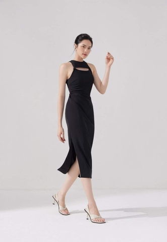 Đầm ôm body sát nách xẻ ngang ngực nhún eo (Đen)
