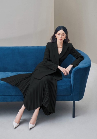 Set áo váy kiểu áo vest tay dài chân váy xếp ly ( Đen )