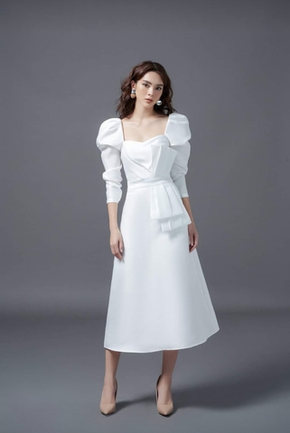 Đầm dáng xòe tay phồng dài cúp ngực phối nơ