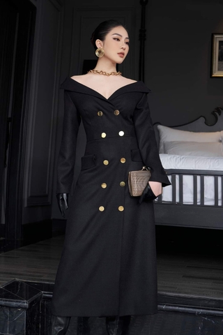 Đầm xòe dài cổ vest hở vai tay dài phối nút