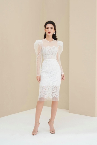 Đầm ren kiểu ôm body tay dài phồng phối lưới (Trắng)