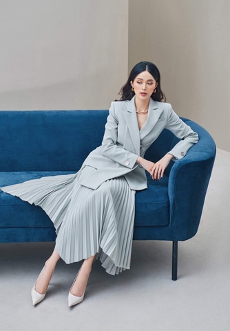 Set áo váy kiểu áo vest tay dài chân váy xếp ly ( Xanh )