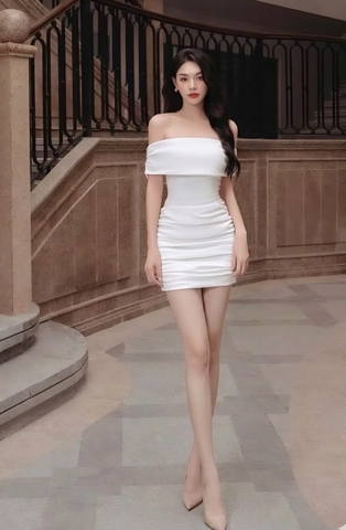 Đầm dự tiệc dáng ngắn ôm body hở vai ngang sang trọng (Trắng)
