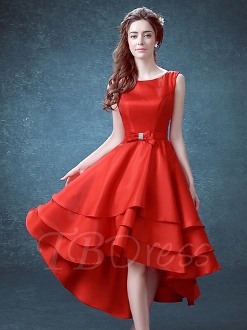 Đầm xoè 3 tầng sát nách nơ eo sang trọng (Đỏ)