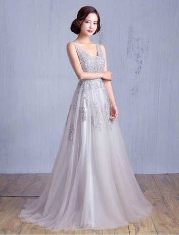 Đầm dạ hội kiểu cổ V hở lưng xoè rộng (Xám)