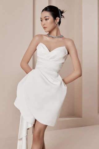 Đầm ôm body cúp xẻ ngực phối bèo dài eo dự tiệc ( Trắng )