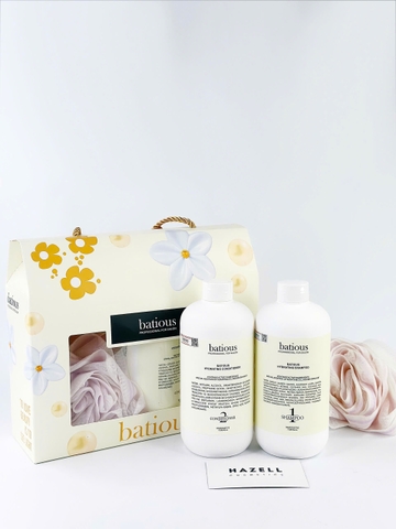 Combo Bộ gội + xả Batious Hydrating 500ml (Trắng) + Tặng 1 bông tắm bông hoa trắng vân tím + 1 túi hoa