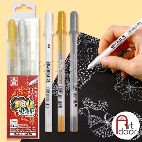 Bộ Bút line kháng nước Trắng, Nhũ Vàng, Bạc SAKURA Gelly Roll set 3 cây