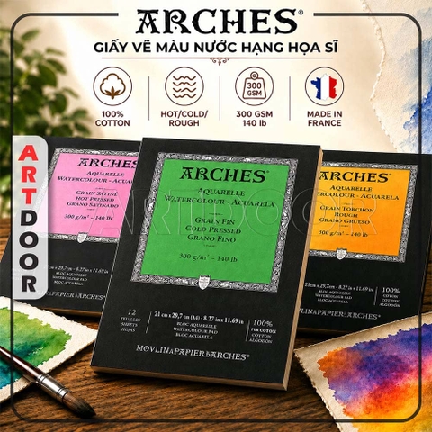 Giấy vẽ màu nước ARCHES Artist dày 300gsm dòng hoạ sĩ khổ Đúng (vân mịn/ nổi)