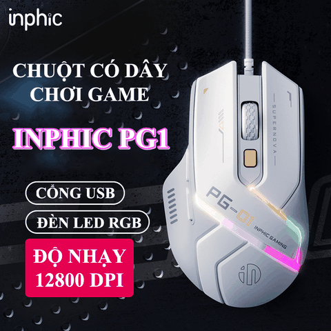 Chuột chuyên game có dây INPHIC PG1 thiết kế công thái học có đèn led RGB 16.8 triệu màu với độ nhạy lên đến 12800DPI