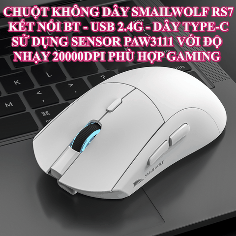 Chuột không dây chuyên game SMAILWOLF RS7 kết nối 3 chế độ sử dụng mắt đọc PAW3311 với độ nhạy lên đến 20000DPI dành cho game thủ chơi game