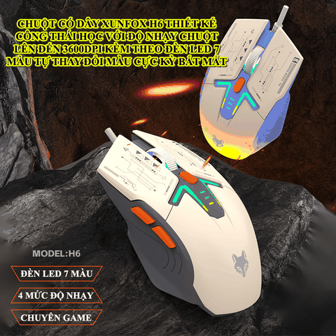 Chuột có dây chơi game XUNFOX H6 trang bị đèn led 7 màu tự thay đổi màu cực đẹp với độ nhạy lên đến 3600DPI