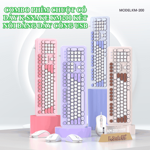 Bộ bàn phím và chuột K-SNAKE KM200 kết nối bằng dây cổng USB thiết kế nút tròn fullsize 104 phím đa dạng màu sắc