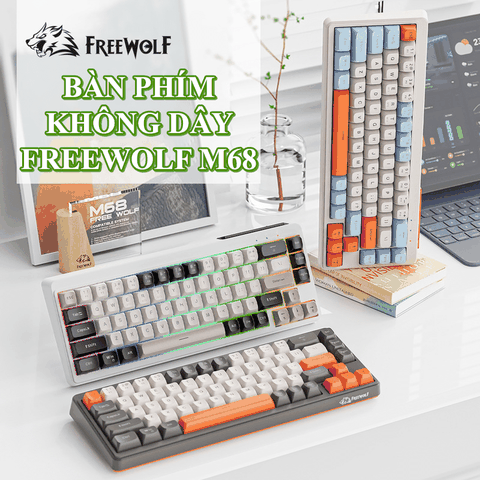 Bàn phím không dây FREEWOLF M68 kết nối 3 chế độ với thiết kế mini size 68 phím vô cùng nhỏ gọn kèm theo đèn led nền 7 màu cực đẹp