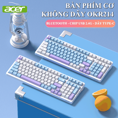 Bàn phím cơ Acer OKR214 kết nối 3 chế độ Bluetooth - 2.4G - Dây Type-C thiết kế 100 phím phối màu đẹp mắt kèm theo 20 chế độ led dành cho game thủ