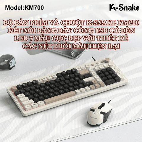 Bộ bàn phím và chuột chơi game có dây K-SNAKE KM700 với 101 phím giả cơ phối màu hiện đại kèm theo đèn led 7 màu chớp nháy dành cho game thủ